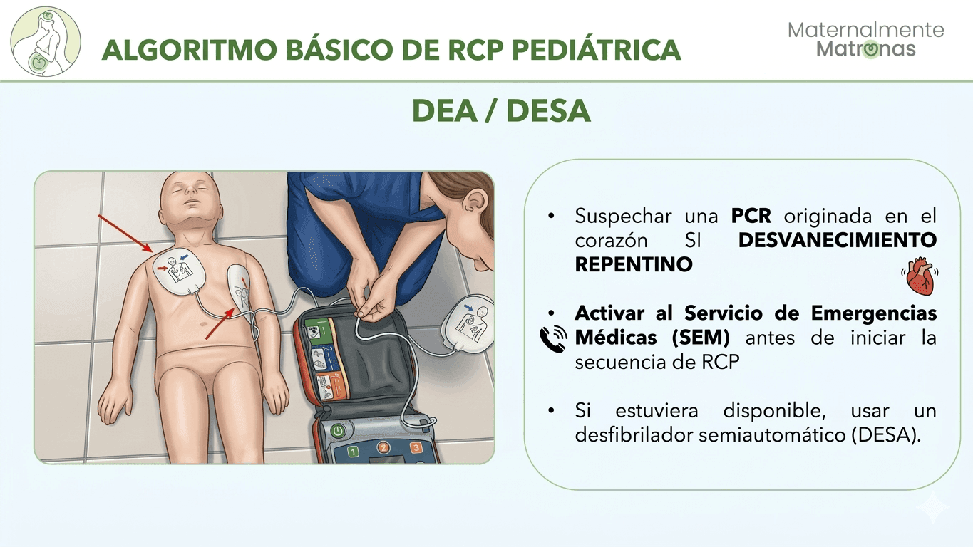 Uso del DEA en RCP pediatrica segun recomendaciones ERC 2025 para bebes y ninos
