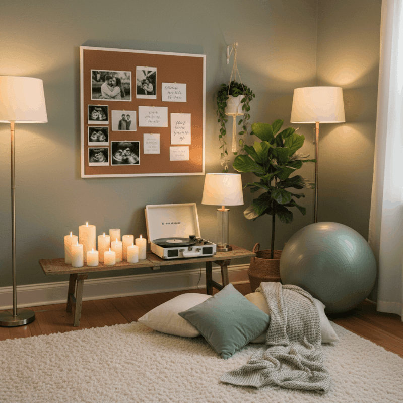 Espacio preparado para el parto con mural de oxitocina en la pared, velas, pelota de pilates, iluminación tenue — preparación del entorno para el hipnoparto