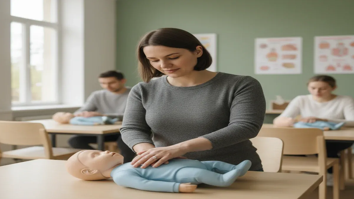 ¿Qué hacer si tu bebé se atraganta según las ERC 2025? Qué hacer si tu bebé se atraganta. Madre practicando maniobra de golpes en espalda sobre maniquí de bebé en taller de primeros auxilios