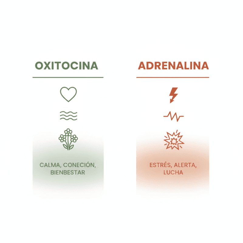 Infografía comparando oxitocina y adrenalina en el parto: la oxitocina favorece las contracciones coordinadas, la adrenalina las bloquea