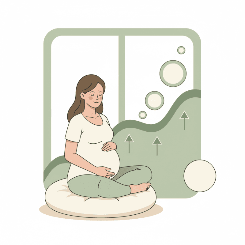 Ilustración de la técnica de respiración ascendente en hipnoparto: mujer embarazada con visualización de onda ascendente durante la inhalación
