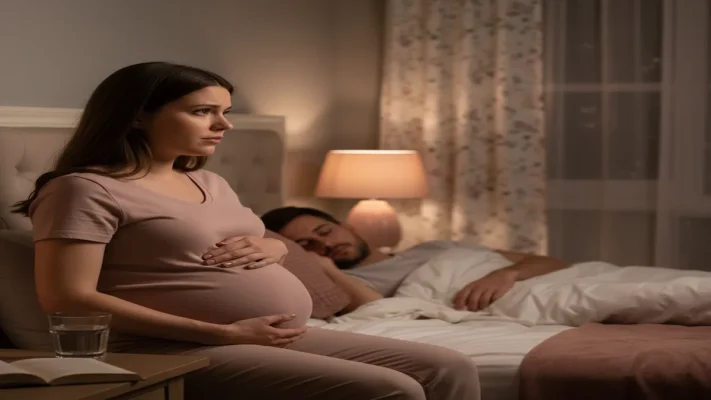 Mujer embarazada en tercer trimestre sentada en la cama de noche, tocándose el vientre con expresión de duda sobre si ha comenzado el parto