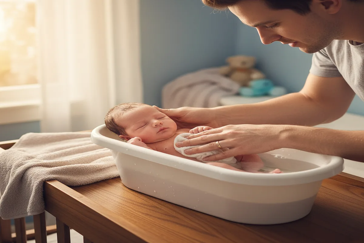 Padre o madre bañando a su recién nacido en la bañerita con sujeción segura, agua a nivel del pecho del bebé, expresión concentrada y tranquila
