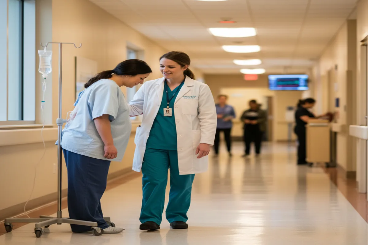 Mujer de parto con epidural ambulante caminando por el pasillo del hospital acompañada de su matrona