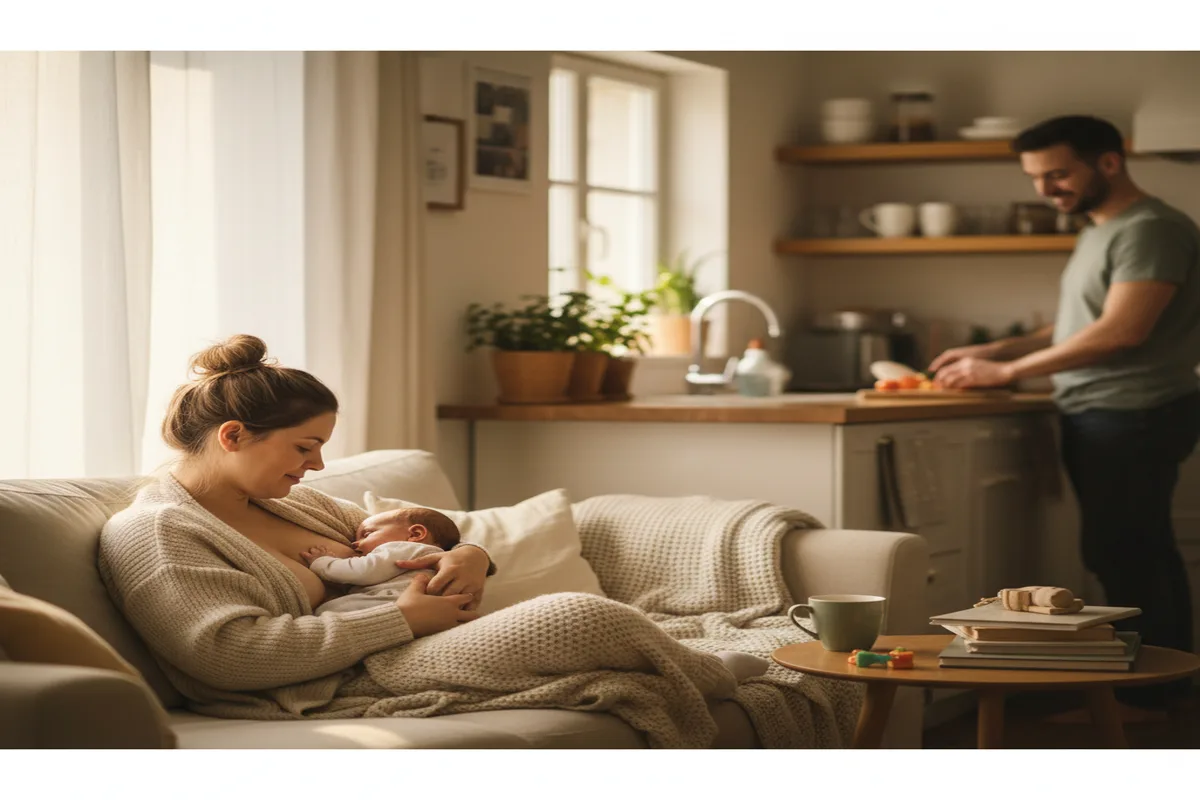 Pareja en casa en los primeros días del posparto: él realiza tareas del hogar mientras ella descansa con el bebé en el sofá