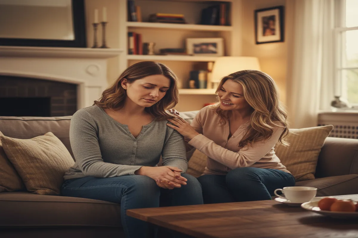 Mujer en posparto con expresión de cansancio emocional recibiendo el apoyo de una amiga o familiar sentadas juntas en casa