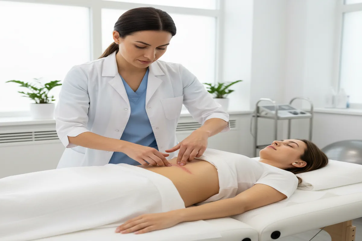 Fisioterapeuta trabajando la cicatriz de cesárea de una mujer en una camilla clínica a las 6 semanas posparto, técnica de masaje