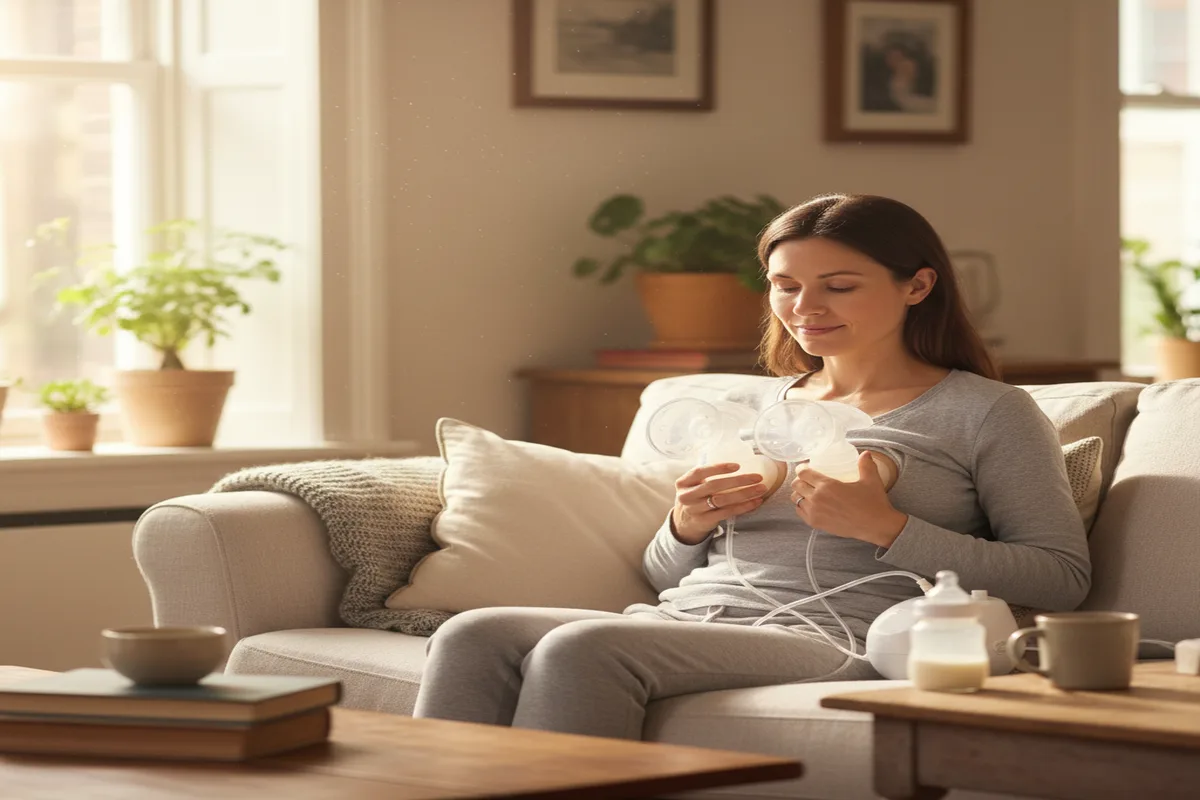 Madre usando sacaleches eléctrico doble en casa, ambiente tranquilo, expresión relajada