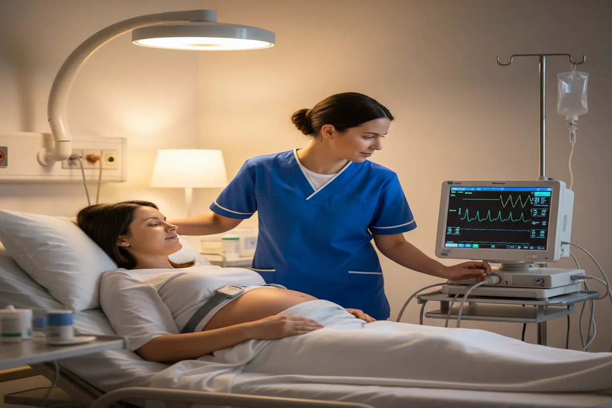 Matrona revisando el monitor de cardiotocografía a embarazada en el hospital durante la valoración de ingreso