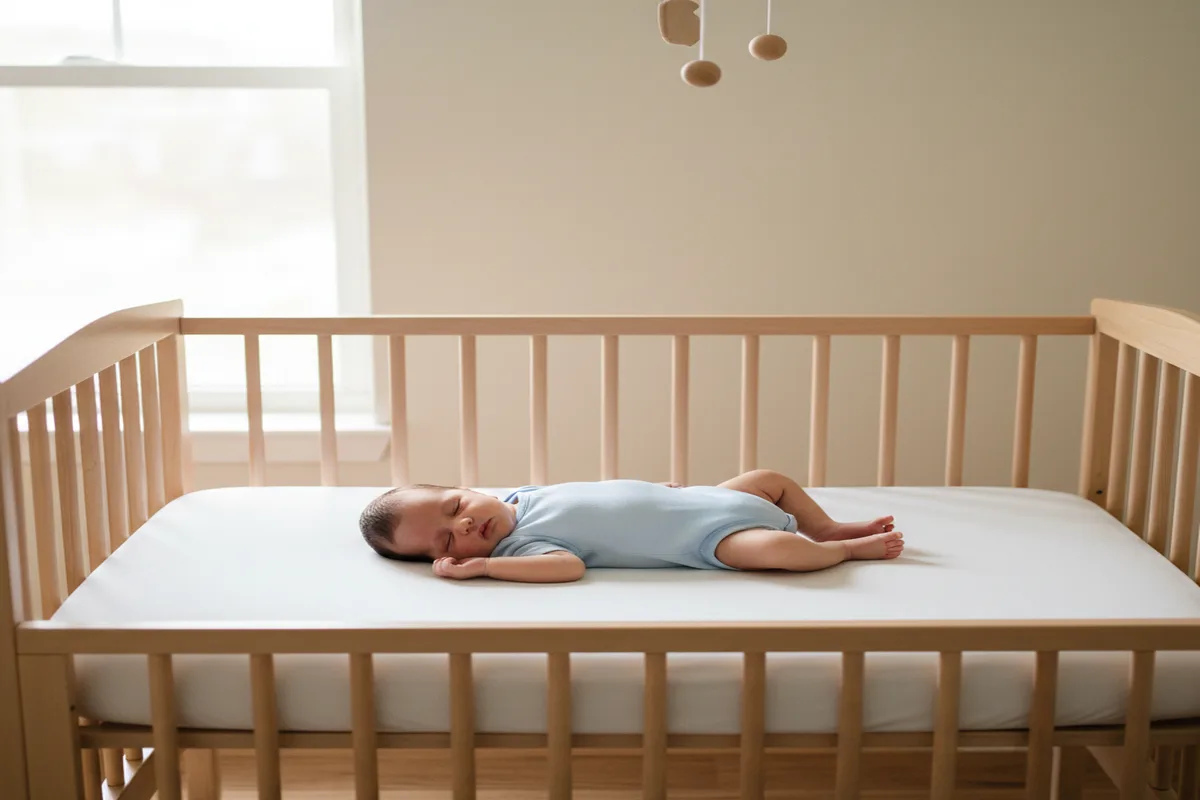 Recién nacido dormido boca arriba en una cuna firme y vacía sin cojines ni peluches, posición de sueño seguro para prevención del SMSL