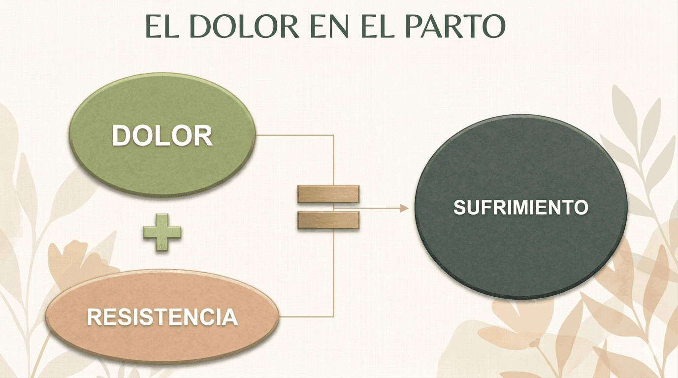 Infografía sobre el dolor en el parto explicando la fórmula: Dolor más Resistencia igual a Sufrimiento.