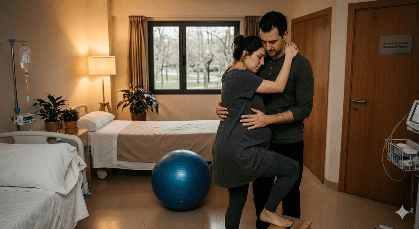 Mujer embarazada en movimiento durante el parto, apoyada en su pareja y manteniendo una posición asimétrica con un pie elevado en una sala de dilatación con fitball.
