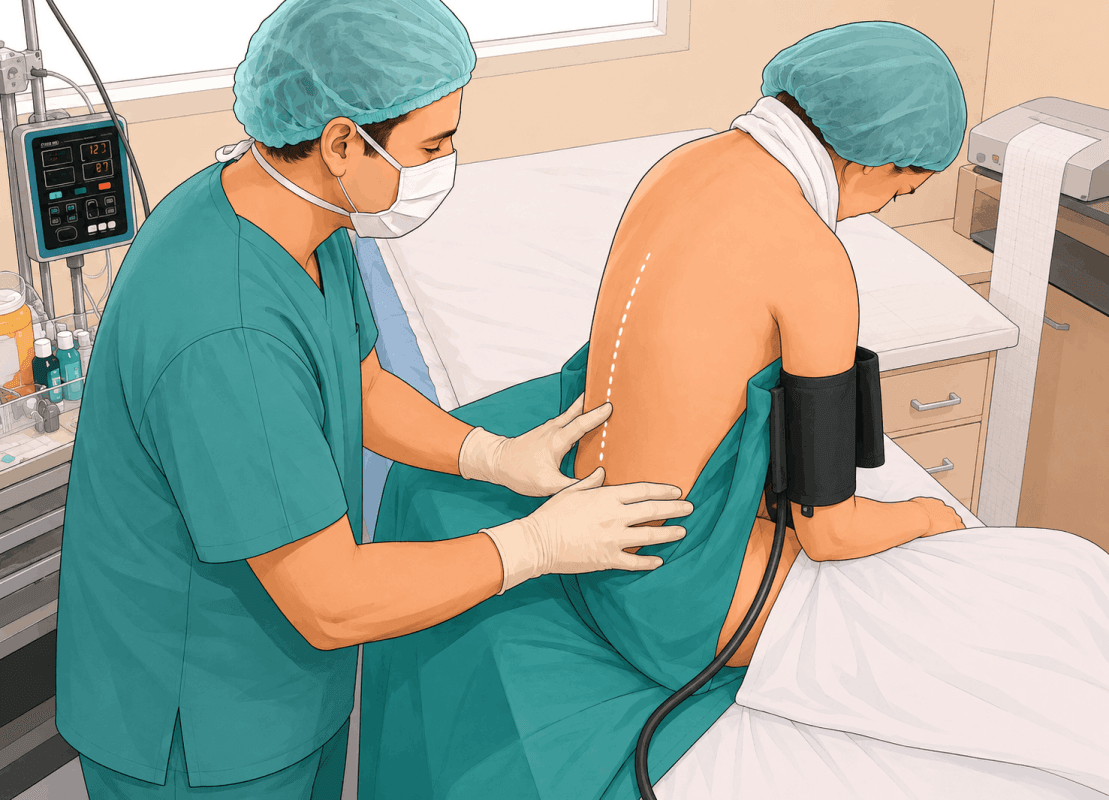 La epidural en el parto: todo lo que necesitas saber Matrona explicando a mujer embarazada la posición en C para la punción epidural en sala de partos
