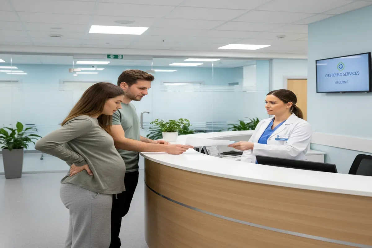 Pareja entregando el plan de parto impreso a la matrona de guardia en el mostrador de urgencias obstétricas